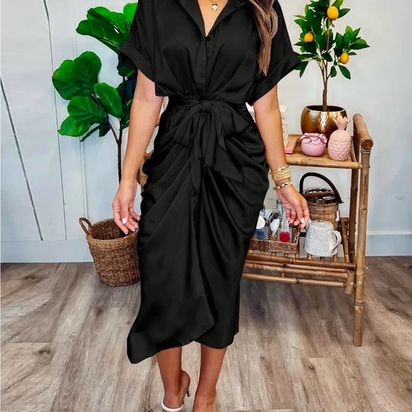 🌺🌺 Women Button Down Ruched Shirt Dresses Short Sleeve Lapel V Neck Elegant - Picture 1 of 7